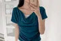 Short-Sleeve Cowl Neck Plain Ruched T-Shirt