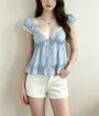 Cap Sleeve V-Neck Lace-Trim Ruffled-Hem Slim-Fit Blouse