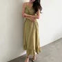 Spaghetti Strap V-Neck Ruched Plain Maxi A-Line Dress