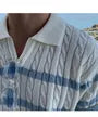 Short-Sleeve Collared Cable Knit Striped Knit Top