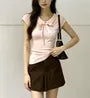 Cap Sleeve V-Neck Collared Ribbon Slim-Fit Top