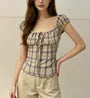 Cap Sleeve Scoop Neck Plaid Tie-Front Slim-Fit Blouse