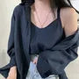 Set: Long-Sleeve Plain Shirt + V-Neck Camisole Top