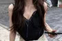 Spaghetti Strap V-Neck Plain Lace Trim Mini A-Line Dress