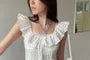 Short-Sleeve Off Shoulder Embroidered Mock Two Piece Blouse