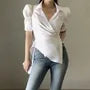 Puff-Sleeve V-Neck Striped Shirt