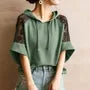 Elbow-Sleeve Hooded Plain Lace Panel T-Shirt