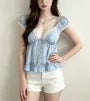 Cap Sleeve V-Neck Lace-Trim Ruffled-Hem Slim-Fit Blouse