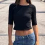 Elbow Sleeve Plain Slim-Fit Crop T-Shirt