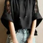 Elbow-Sleeve Hooded Plain Lace Panel T-Shirt