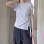 Short-Sleeve Crewneck Asymmetrical Plain Crop T-Shirt