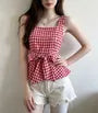 Square-Neck Gingham Tie-Waist Peplum Tank Top