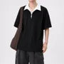 Mock Two-Piece Short-Sleeve Contrast Collar Half-Zip Polo Shirt