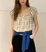 Puff Sleeve Scoop Neck Plaid Loose-Fit Blouse