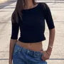 Elbow Sleeve Plain Slim-Fit Crop T-Shirt