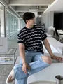 Short-Sleeve Crewneck Wavy Stripe Knit Top