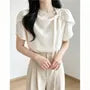 Short-Sleeve Bow Accent Asymmetrical Plain Blouse