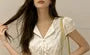 Puff Sleeve V-Neck Plaid Tie-Front Slim-Fit Blouse