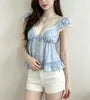 Cap Sleeve V-Neck Lace-Trim Ruffled-Hem Slim-Fit Blouse