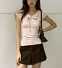 Cap Sleeve V-Neck Collared Ribbon Slim-Fit Top