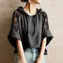 Elbow-Sleeve Hooded Plain Lace Panel T-Shirt