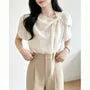 Short-Sleeve Bow Accent Asymmetrical Plain Blouse