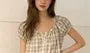 Puff Sleeve Scoop Neck Plaid Loose-Fit Blouse