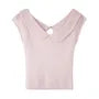 Cap-Sleeve V-Neck Collared Plain Knit Top