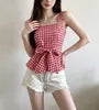 Square-Neck Gingham Tie-Waist Peplum Tank Top