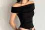Short-Sleeve Off Shoulder Plain Crop T-Shirt