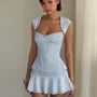 Set: Cap-Sleeve Sweetheart-Neckline Fishbone Lace Top + Mid Rise Mini A-Line Skirt