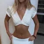 Short-Sleeve V-Neck Plain Ruffle Trim Crop Top