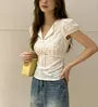 Puff Sleeve V-Neck Plaid Tie-Front Slim-Fit Blouse