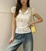 Puff Sleeve V-Neck Plaid Tie-Front Slim-Fit Blouse