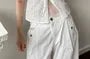 Short-Sleeve Off Shoulder Embroidered Mock Two Piece Blouse