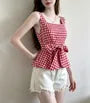 Square-Neck Gingham Tie-Waist Peplum Tank Top