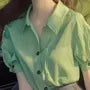 Puff Short-Sleeve Collared Plain Button Up Blouse