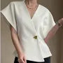 Short-Sleeve V-Neck Plain Single Button Blouse