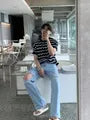 Short-Sleeve Crewneck Wavy Stripe Knit Top