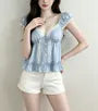 Cap Sleeve V-Neck Lace-Trim Ruffled-Hem Slim-Fit Blouse