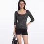 Elbow Sleeve Scoop Neck Polka Dot Slim-Fit T-Shirt