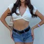 Short-Sleeve V-Neck Plain Ruffle Trim Crop Top