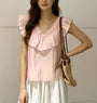 V-Neck Ruffled-Trim Plain Sheer Loose-Fit Tank Top