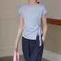 Short-Sleeve Crewneck Asymmetrical Plain Crop T-Shirt