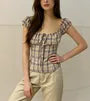 Cap Sleeve Scoop Neck Plaid Tie-Front Slim-Fit Blouse