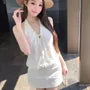 Set: Sleeveless V-Neck Plain Top + Mini Skirt
