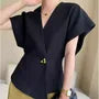 Short-Sleeve V-Neck Plain Single Button Blouse