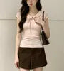 Cap Sleeve V-Neck Collared Ribbon Slim-Fit Top