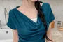 Short-Sleeve Cowl Neck Plain Ruched T-Shirt