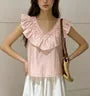 V-Neck Ruffled-Trim Plain Sheer Loose-Fit Tank Top
